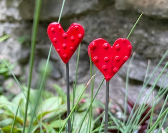 Set of Two Mini 1 inch Red Heart Garden Stakes,Lover's Gift,Heart Plant Art Potted plants, Garden Sculpture,Garden Decor Flower Pot stake