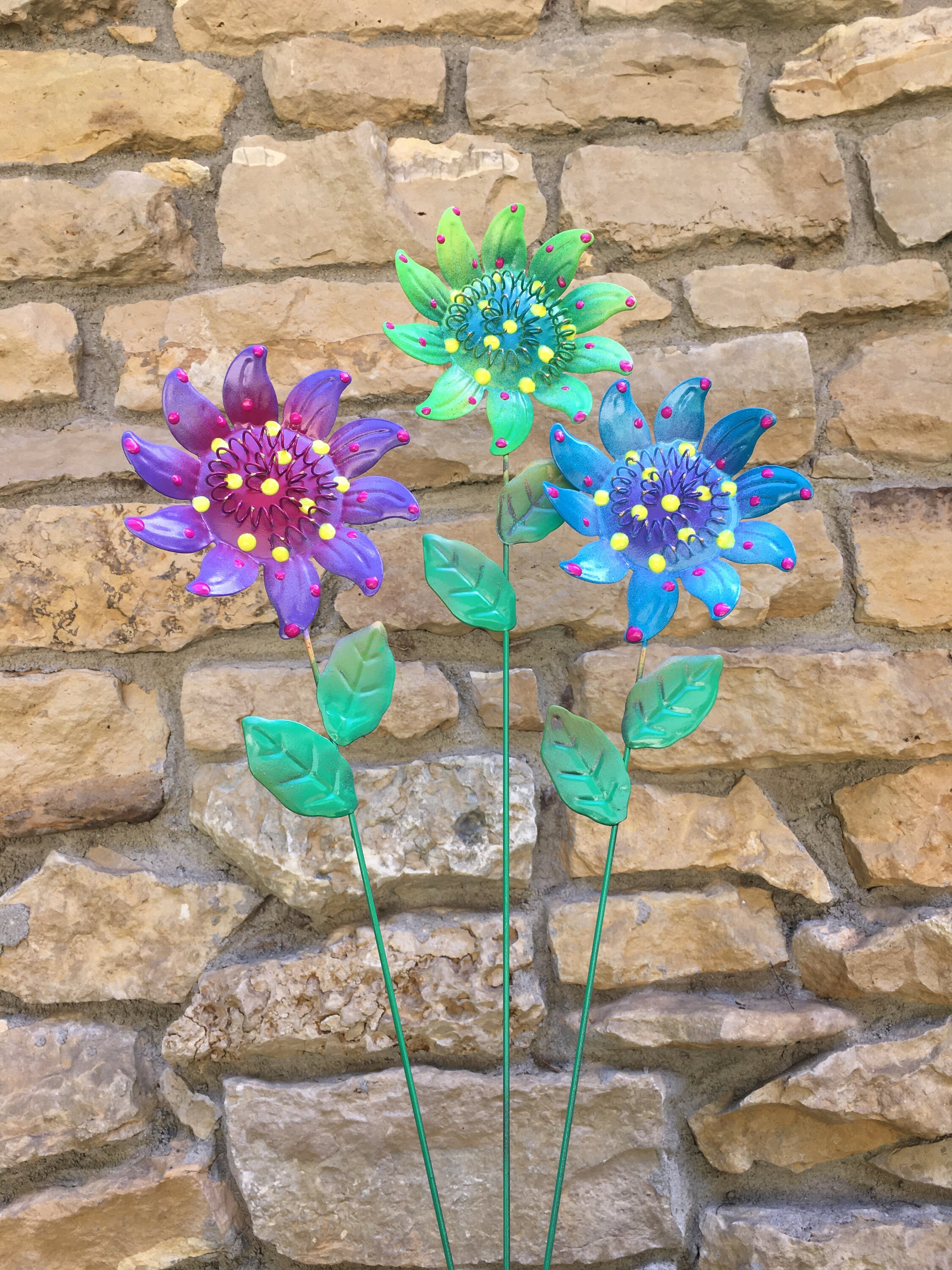 Metal Wild Flower Garden Decor, Metal Sculpture Set of 3, 24'' Tall