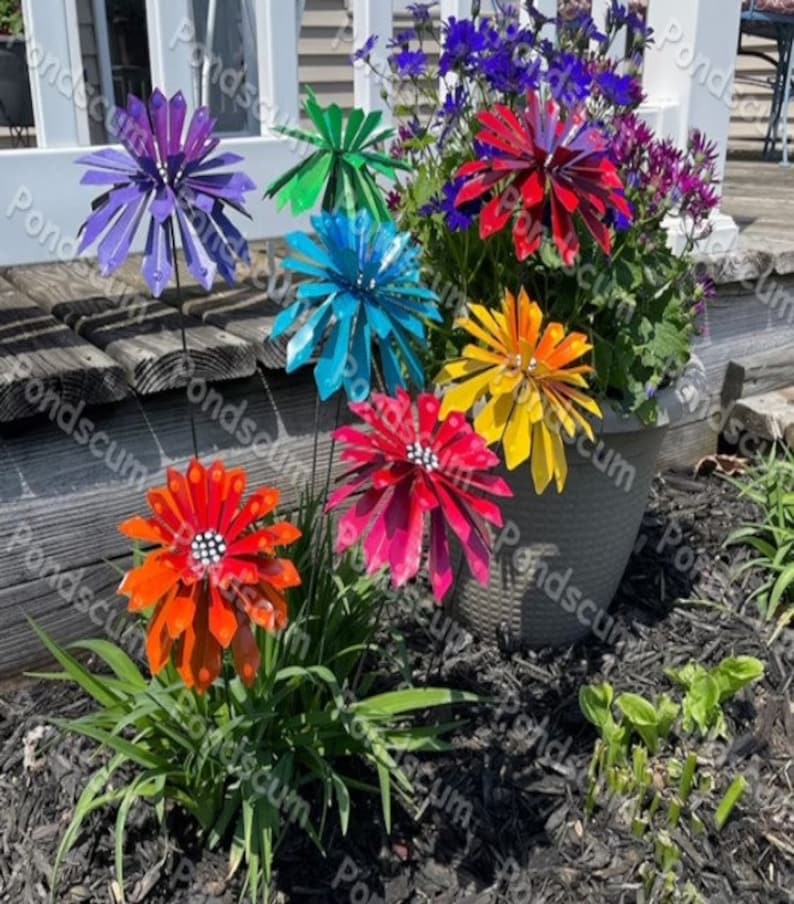 Flower Garden Stakes,Set of Seven,Zinnia Metal Garden Stakes, Yard decoration, Metal Flower, Metal Art, Garden Decor,Mother's Day Gift image 5