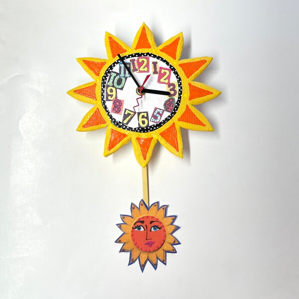 Here Comes The Sun Clock, Wall Clock with Pendulum,Whimsical Sunshine Clock,Sun Clock, Wall Art,Ceramic Sun,Pendulum  Clock,Sunface