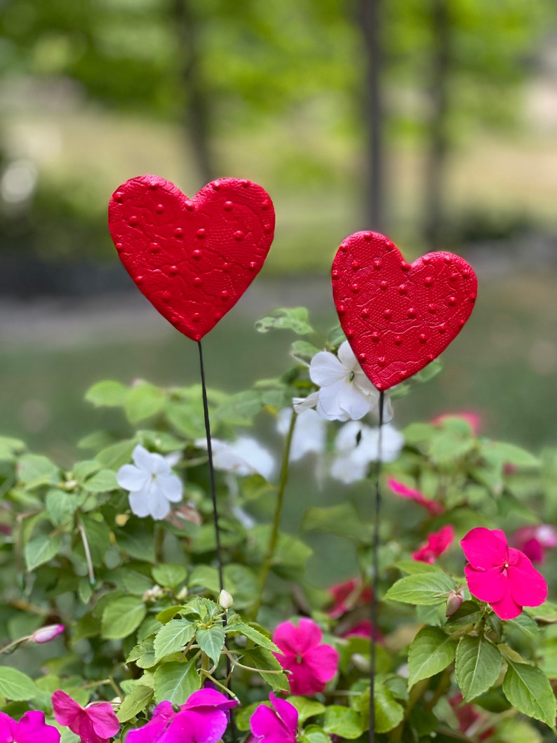 Set of Two 3 inch Red Heart Garden Stakes,Lover's Gift,Heart Plant Art Potted plants,Garden Sculpture,Valentines Day Gift For Her image 1