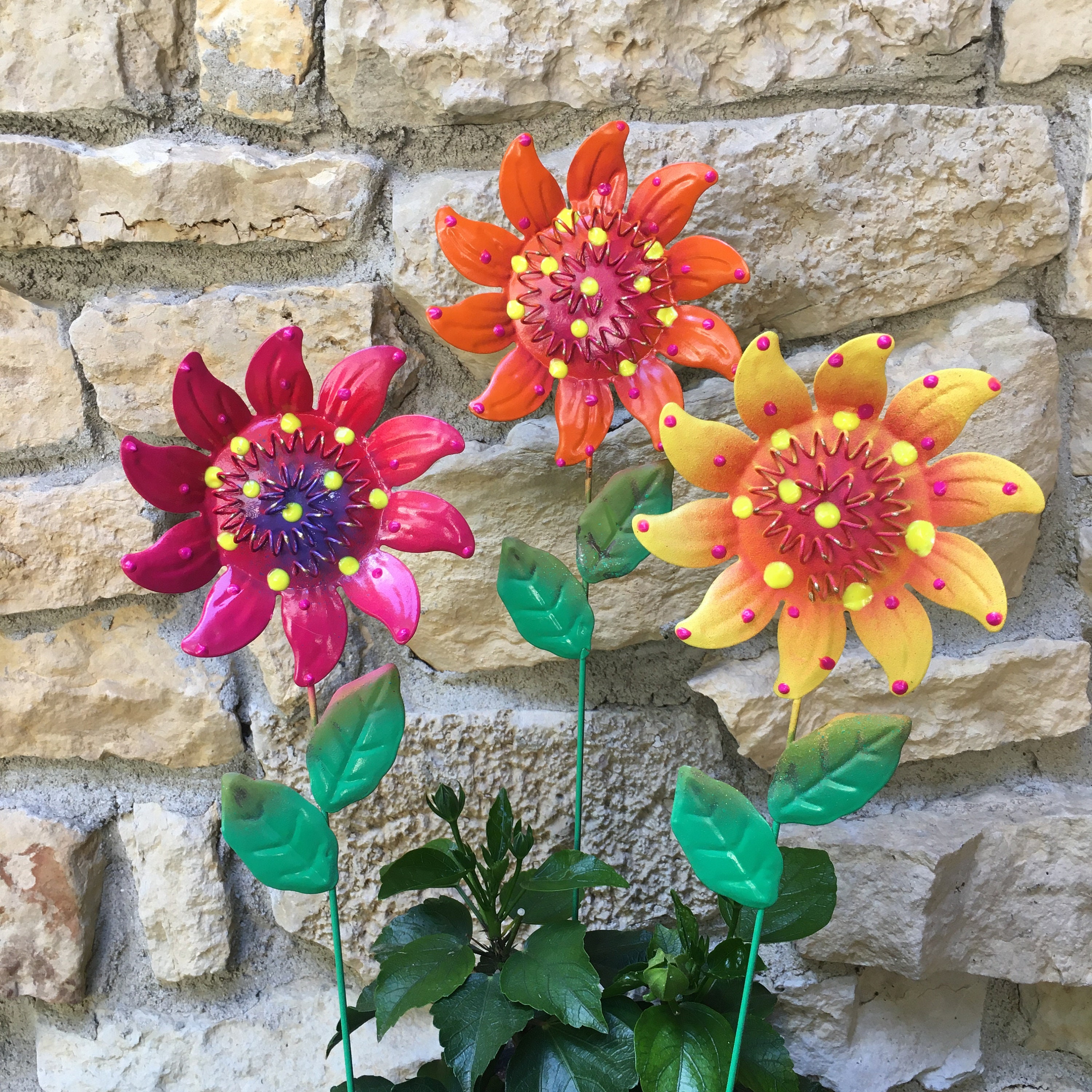Metal Spring Flower Garden Stakes,Set of Three Metal Garden Stakes