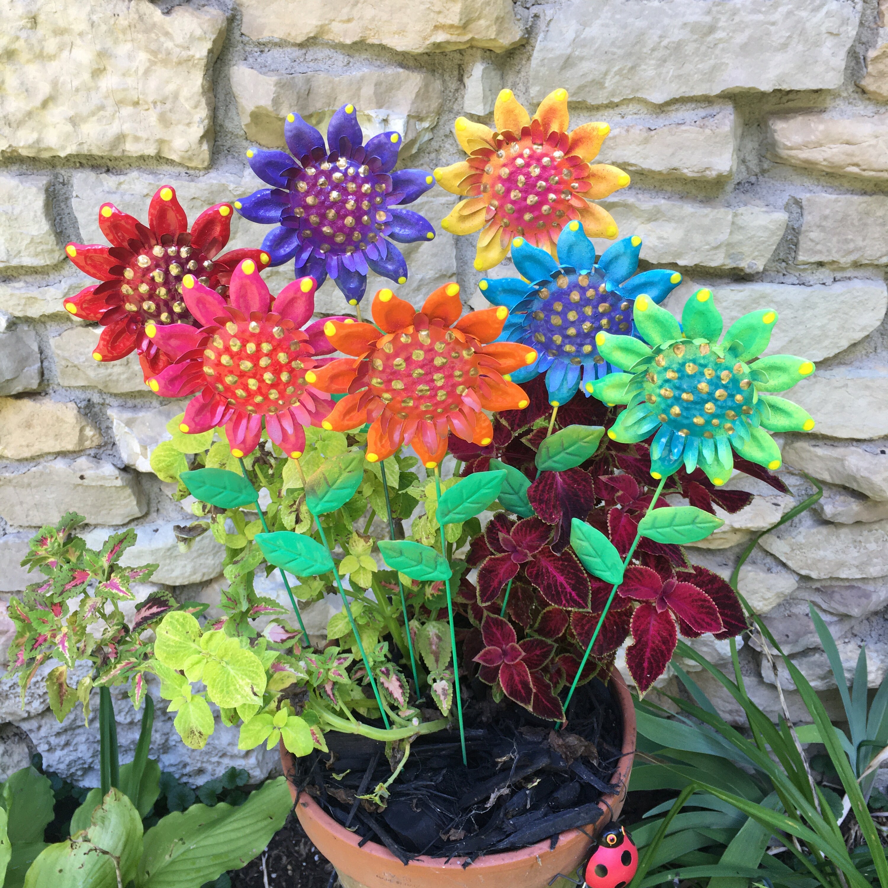 Flower Garden Stakes,Set of Seven,Sunflower Metal Garden Stakes, Yard