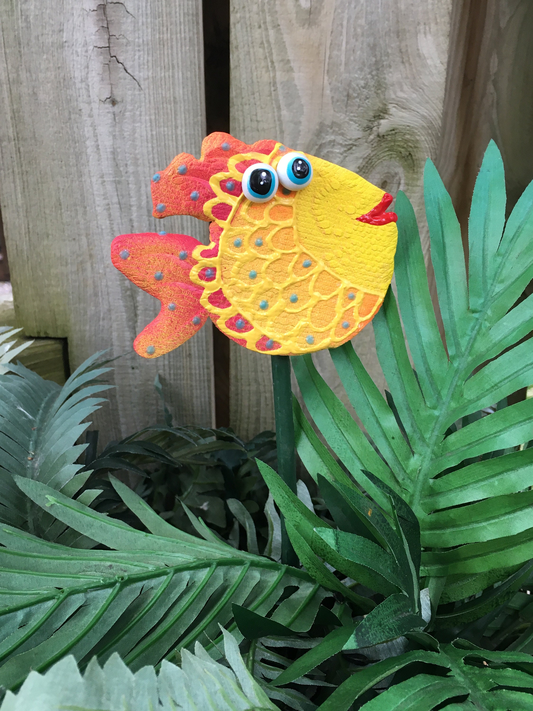 Ceramic Funky Fish Garden Stake, Garden Stakes,Potted plants, Great