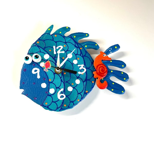 Blue BlowFish  Wall  Clock ,Nursery Wall Clock,Ocean, Under the sea,Aquarium ,Clay Fish  Wall Clock ,Beach Clock,Unique Clock,Handmade clock