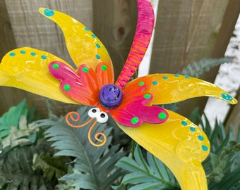 Yellow Metal Dragonfly Garden Stake,Yard decoration, Metal Art, Garden Sculpture Decor,Potted Plant Decor  Mother's Day Gift For Her
