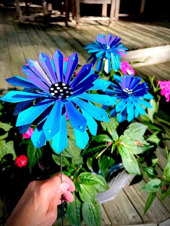 Set of Three Blue Metal Zinnia Flower Garden Stakes,yard