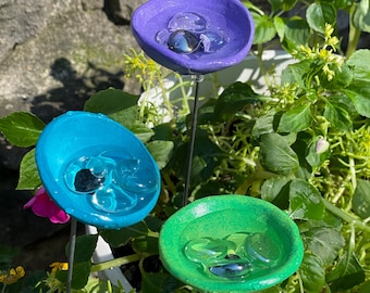 Set Of Three Bee Watering Station,Butterfly Puddler,Garden Art,Gift For Her,Poppy Flower,Garden Sculpture,Insect Drinking Cups