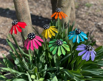 Echinacea Flower Garden Stakes 5''wide by 24 tall Metal/Clay Garden Decor,Mother's Day Gift Metal Flower Sculpture Gift For Her