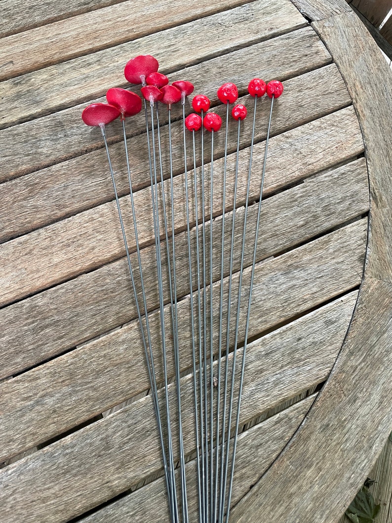 Unique Whimsical Garden Sculpture 14pcs/ Ceramic Floral Art Garden Decor Garden Stake Red Poppy Spray Garden Stakes Kinetic Sculpture image 4