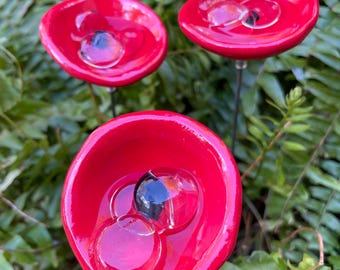 Set Of Three Red Bee Watering Station,Butterfly Puddler,Garden Art,Gift For Her,Poppy Flower,Garden Sculpture,Insect Drinking Cups