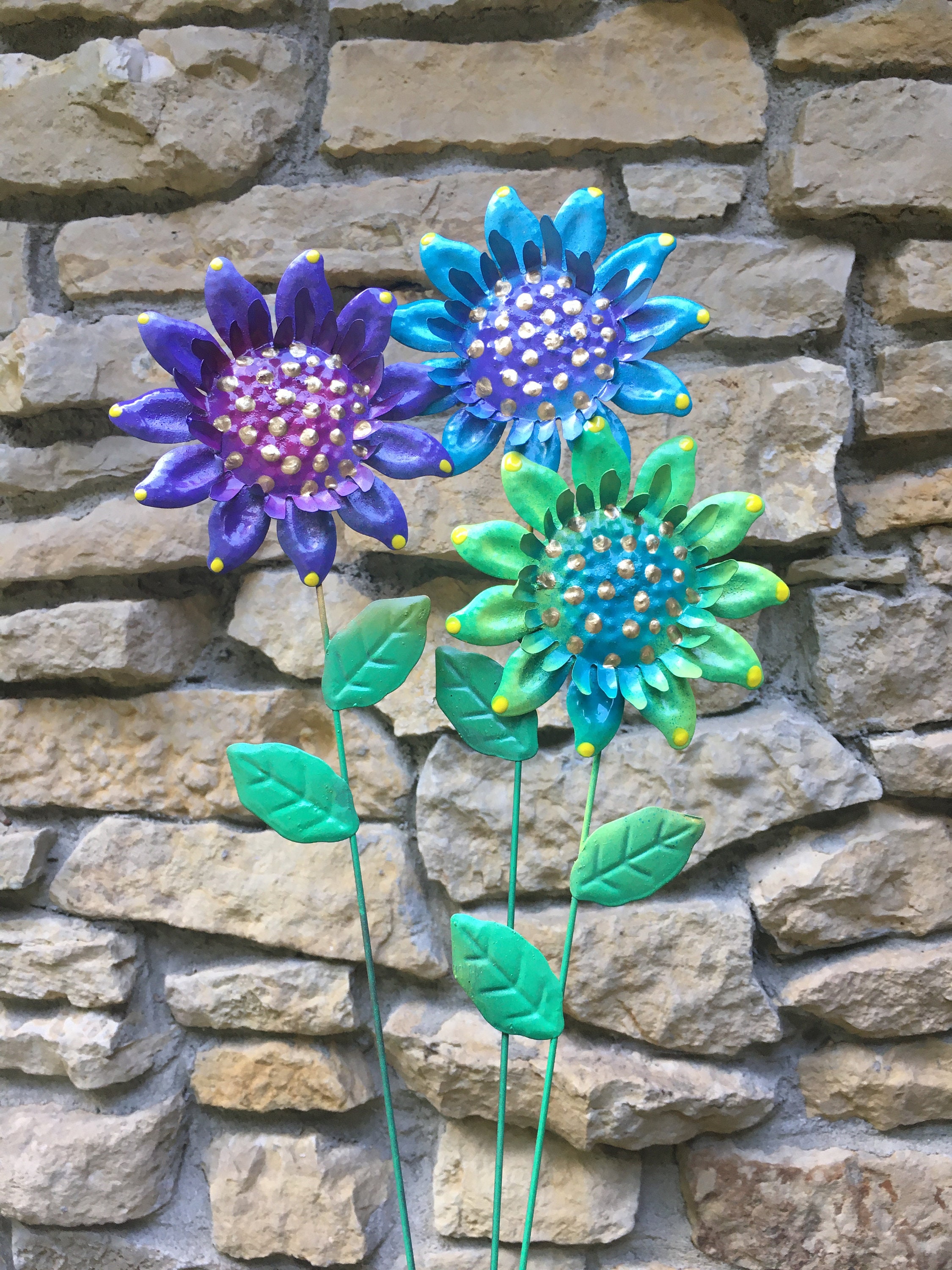 Flower Garden Stakes,Set of Seven,Sunflower Metal Garden Stakes, Yard