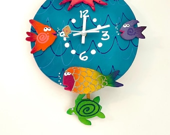 Fish Pendulum Wall Clock,Unique Clock,Handmade clock,Sealife Wall Clock,Beach House Decor,Ocean Wall decor,Ocean Decor, Fish Art