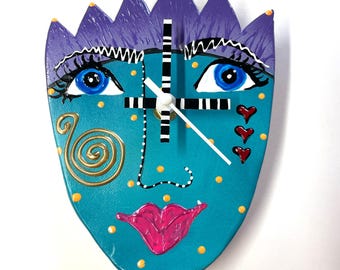 Unique Face Wall Clock Wall Art Wall Sculpture Wall Decor Hand Painted Wall Clock Whimsical Clock Gift For Her Holiday Gift