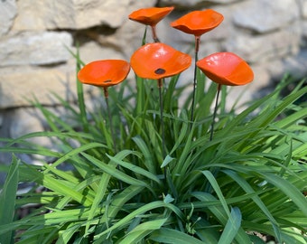 Set of 5 Mini Poppy Flower stakes,Orange Poppy Flower Pot Cluster,Garden Stakes,Potted plants,Mother's Day Gift,Outdoor Garden Decor