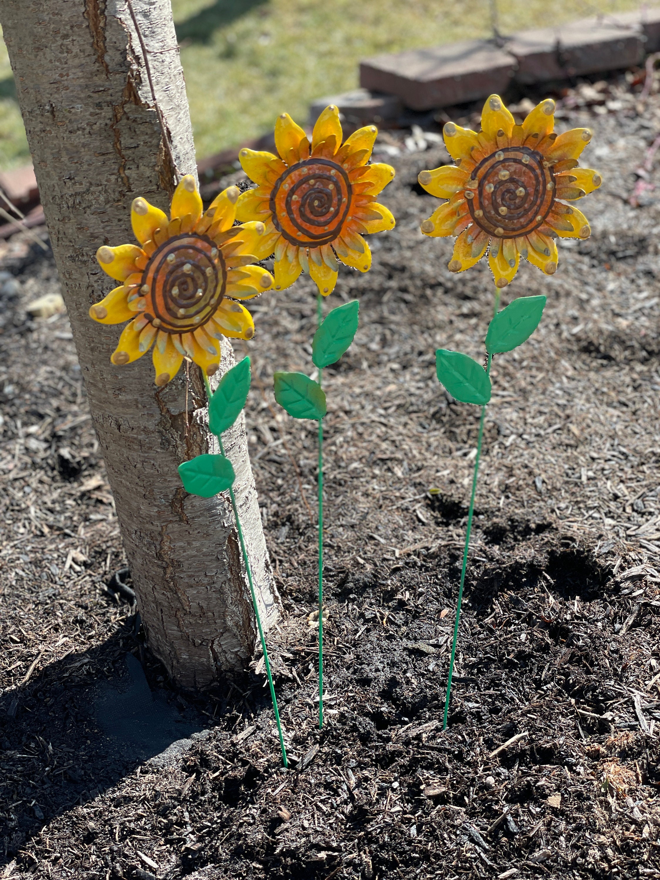 3 Metal Sunflowers,Garden Art,Flower Garden Stake,Sunflower Garden