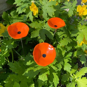 Set of 3 Mini Poppy Flower stakes,Orange Poppy Flower Pot Cluster,Garden Stakes,Potted plants,Mother's Day Gift,Outdoor Garden Decor