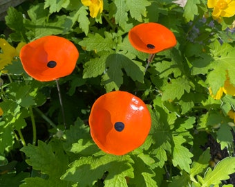 Set of 3 Mini Poppy Flower stakes,Orange Poppy Flower Pot Cluster,Garden Stakes,Potted plants,Mother's Day Gift,Outdoor Garden Decor