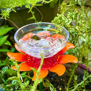 May include: A red and orange flower-shaped hummingbird feeder with a clear glass bowl filled with water and ice cubes. The feeder is sitting in a pot of green plants.