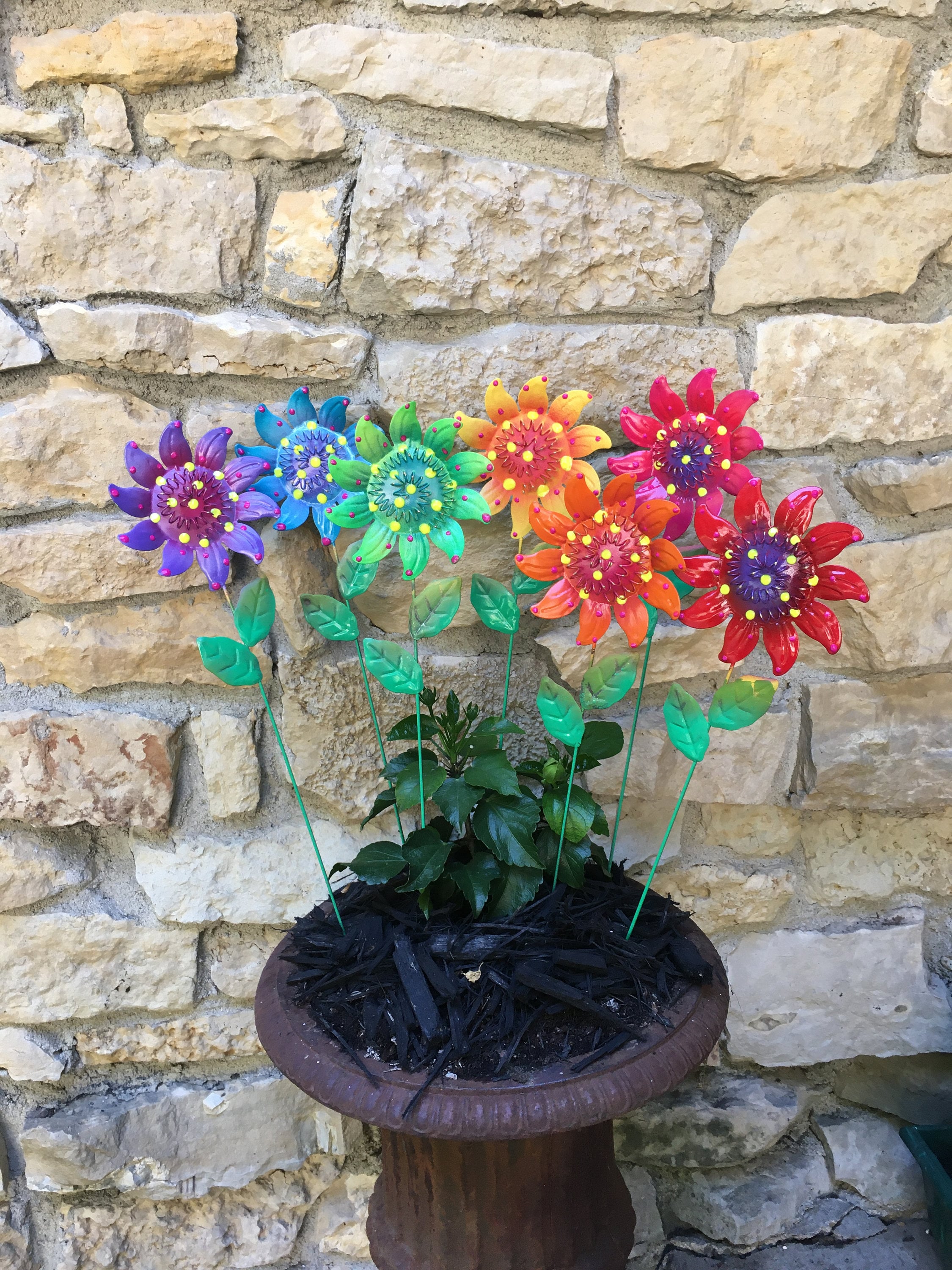 Metal Wild Flower Garden Decor, Metal Sculpture Set of 7, 24'' Tall, Gift, Flower Yard Stake Metal Wild Flower Garden Decor, Metal Sculpture Set of 7, 24'' Tall, Gift, Flower Yard Stake
