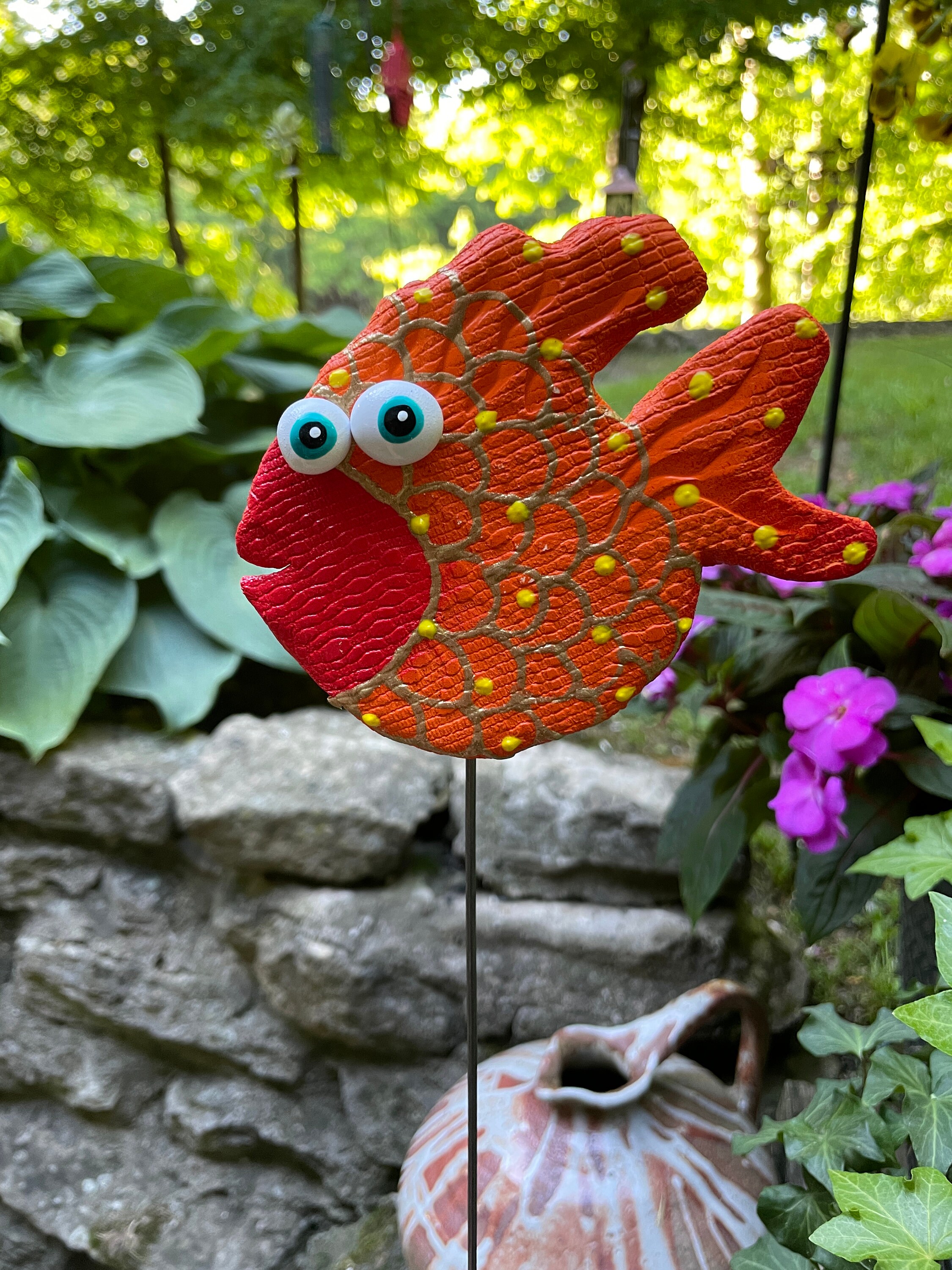 Ceramic Orange Funky Fish Garden Stake,Potted plants, Great Gift,Lawn