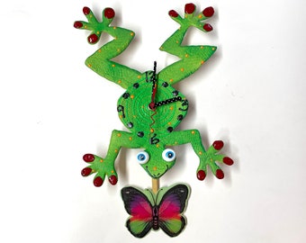 Frog Pendulum Wall Clock,Happy Frog Clock,Whimsical Frog with Butterfly Clock,Kid's Room Decor,Christmas Gift,Frog Lover Gift