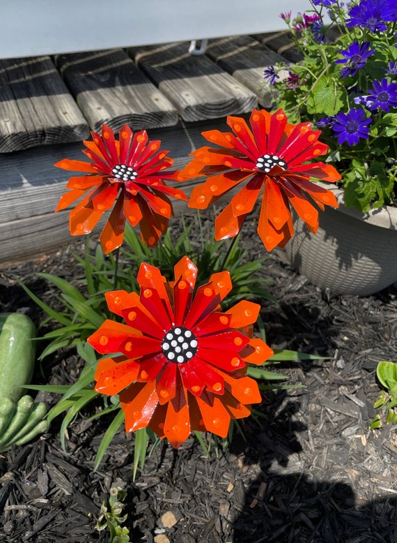 Set of Three Orange Metal Zinnia Flower Garden Stakes,yard