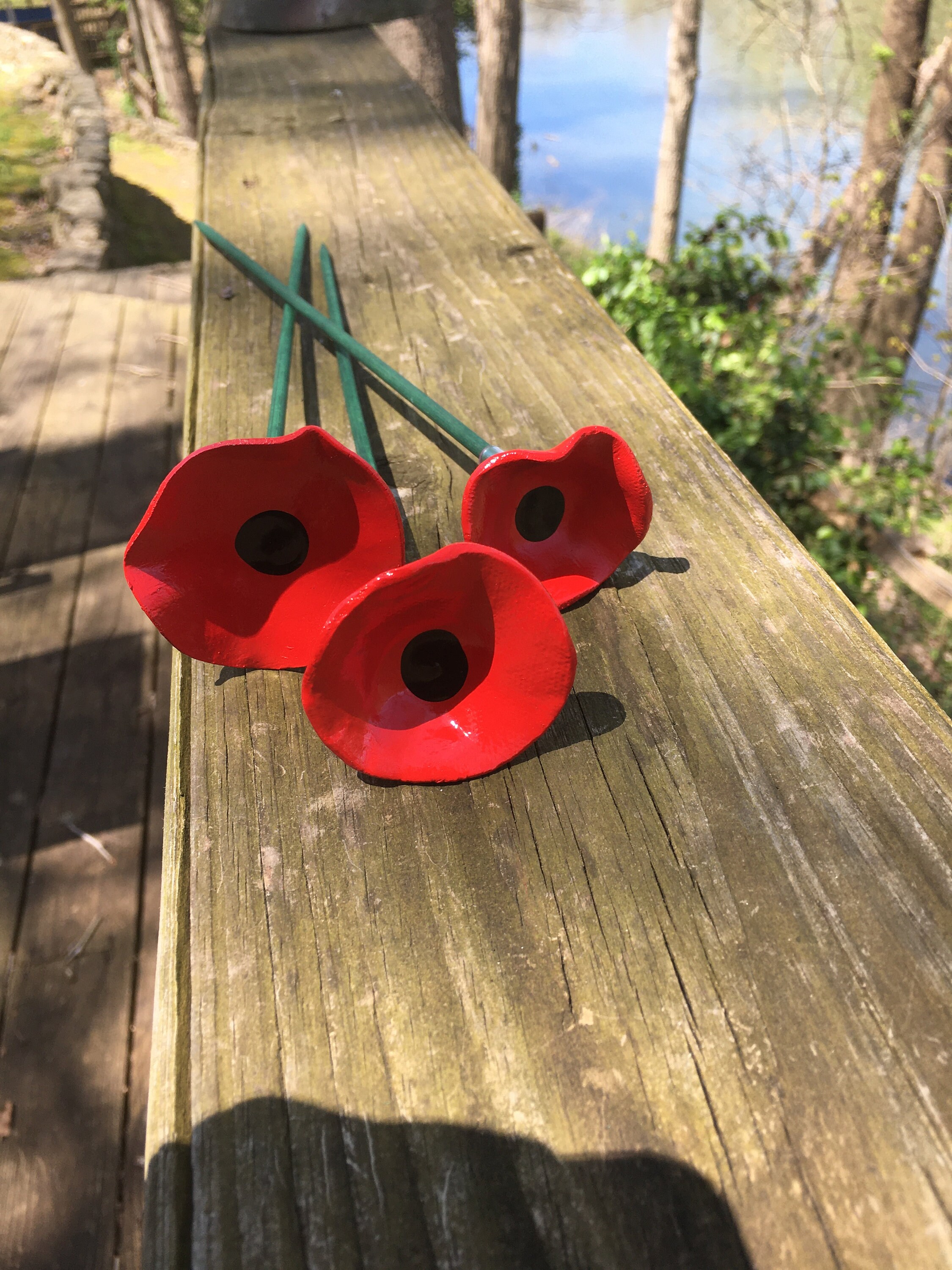 3 Poppy Flower Plant Stakes,Red Poppy Flower Pot Cluster,Garden Stakes