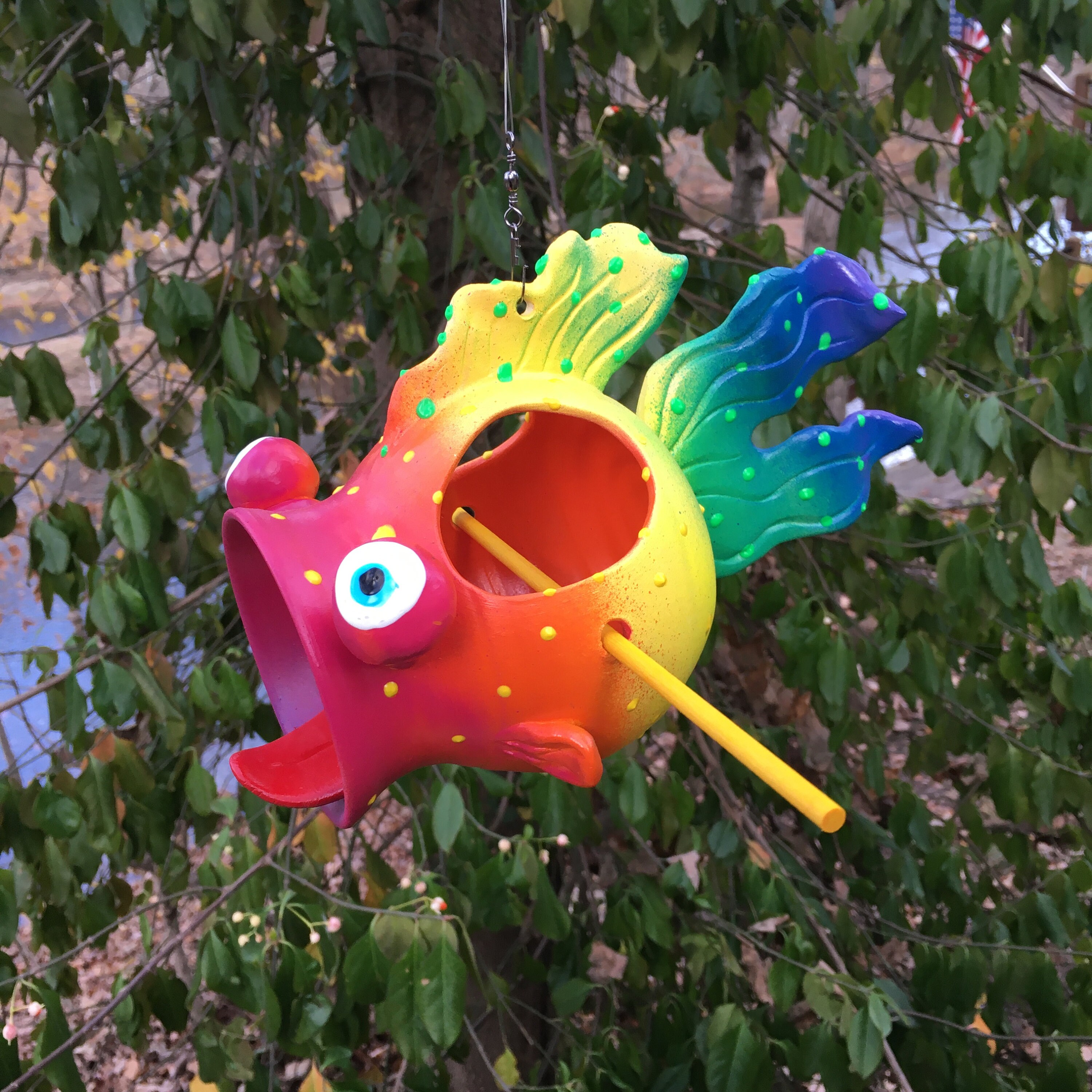 Bird Feeder, Ceramic Funky Blowfish Bird House Yard Art, Great Gift