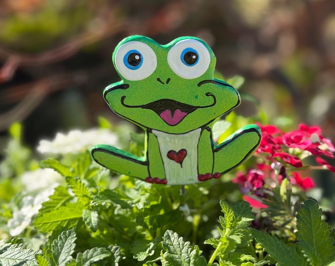 Featured listing image: Handcrafted Stoneware Frog Garden Stake, Lawn Decor