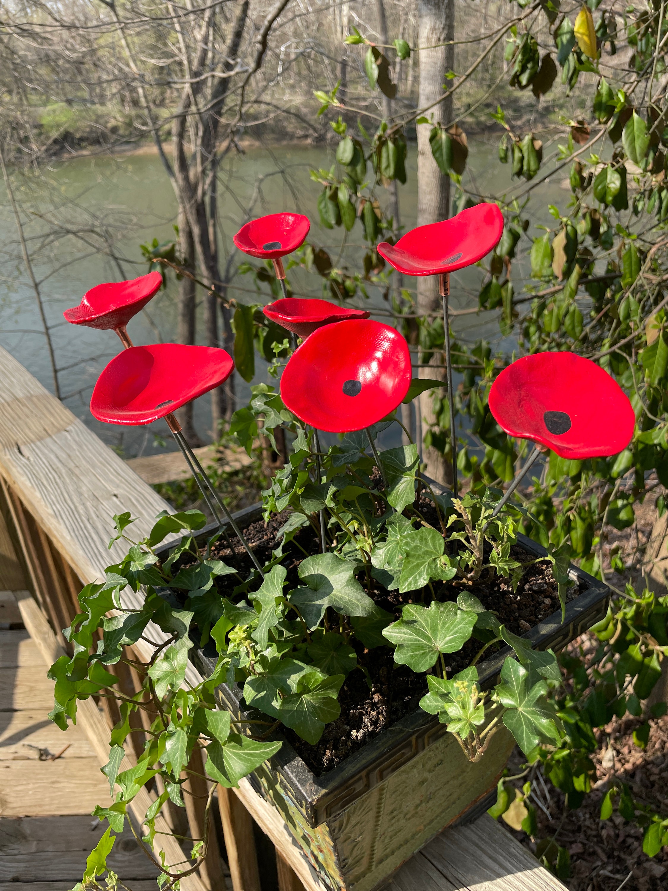 7 Mini Red Poppy Flower Plant Stakes,Red Poppy Flower,Decorative Plant