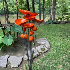 Unique Orange Whimsical Garden Sculpture 14pcs/ Ceramic Floral Art Garden Decor Garden Stake Poppy Spray Garden Stakes Kinetic Sculpture image 4