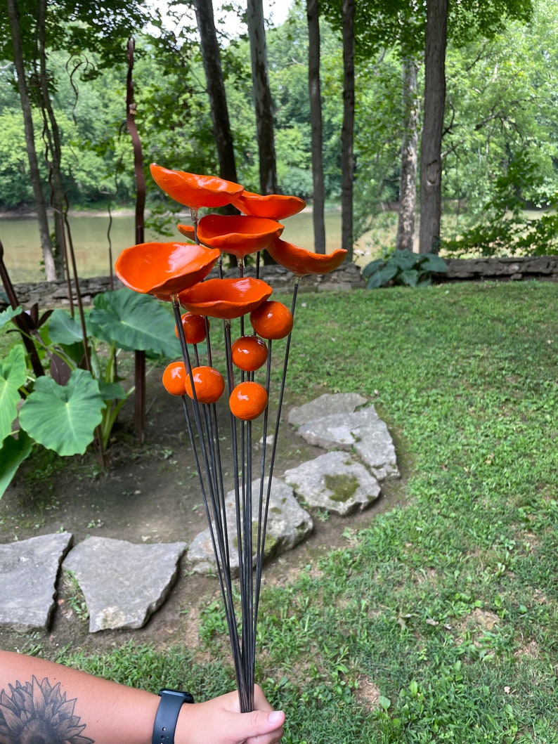 Unique Orange Whimsical Garden Sculpture 14pcs/ Ceramic Floral Art Garden Decor Garden Stake Poppy Spray Garden Stakes Kinetic Sculpture image 4