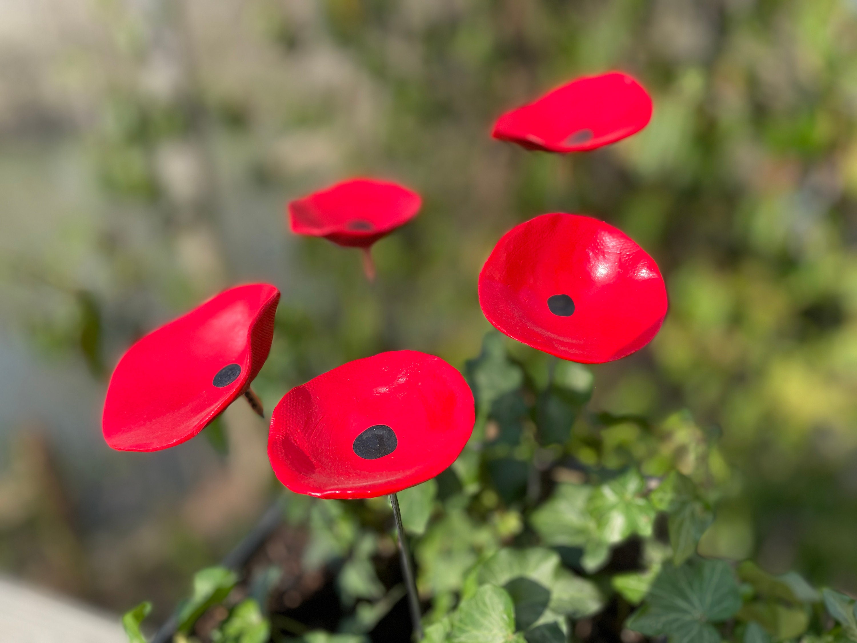 5 Mini Red Poppy Flower Plant Stakes,Red Poppy Flower Pot Cluster