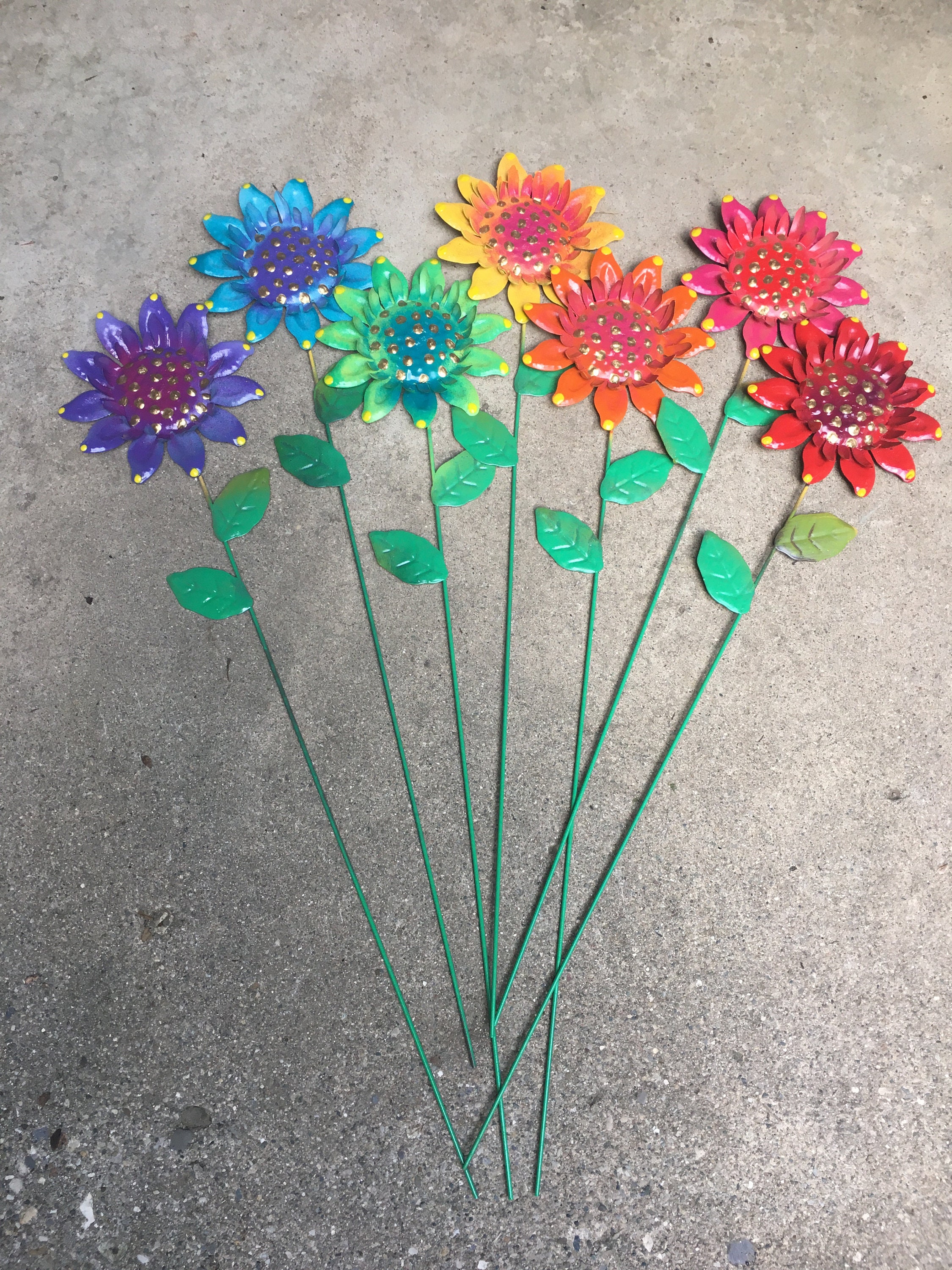 Flower Garden Stakes,Set of Seven,Sunflower Metal Garden Stakes, Yard