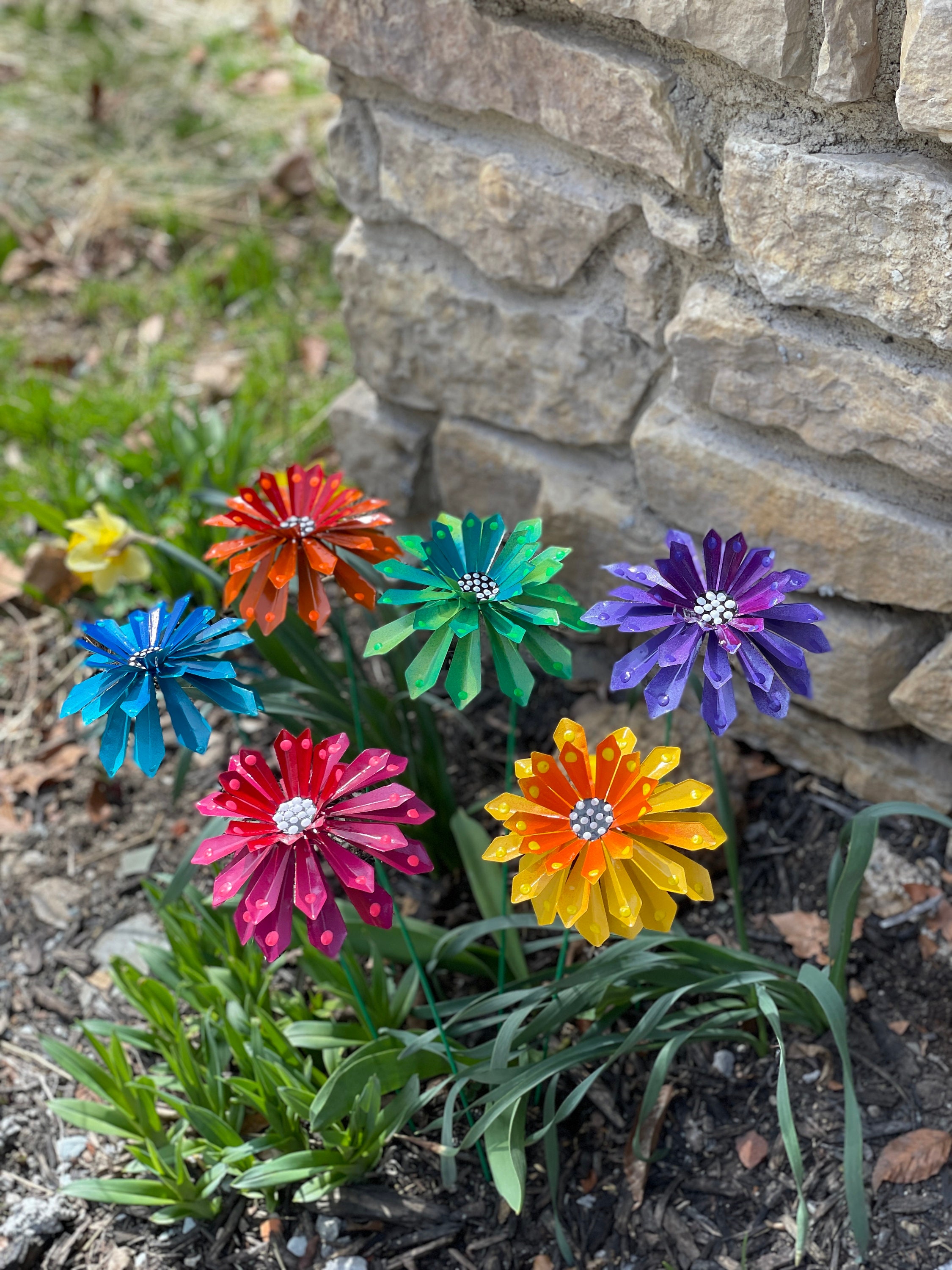 Flower Garden Stakes,Set of Six Zinnia Metal Garden Stakes, Yard