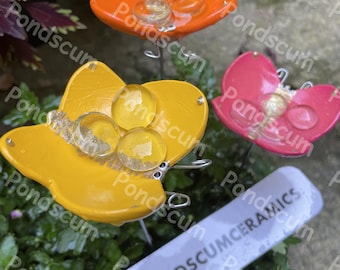 Set Of Three Butterfly Puddler Bee Watering Station – Ceramic Bee Bath Garden Stake – Pollinator Safe Water Feeder