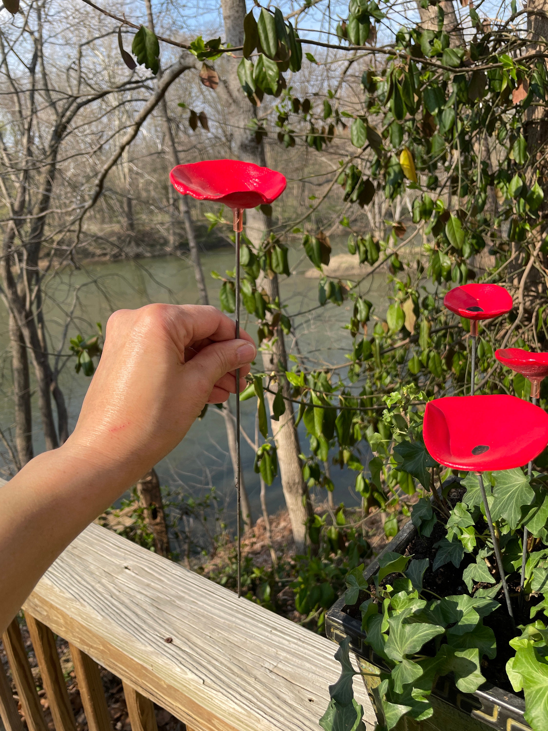 7 Mini Red Poppy Flower Plant Stakes,Red Poppy Flower,Decorative Plant