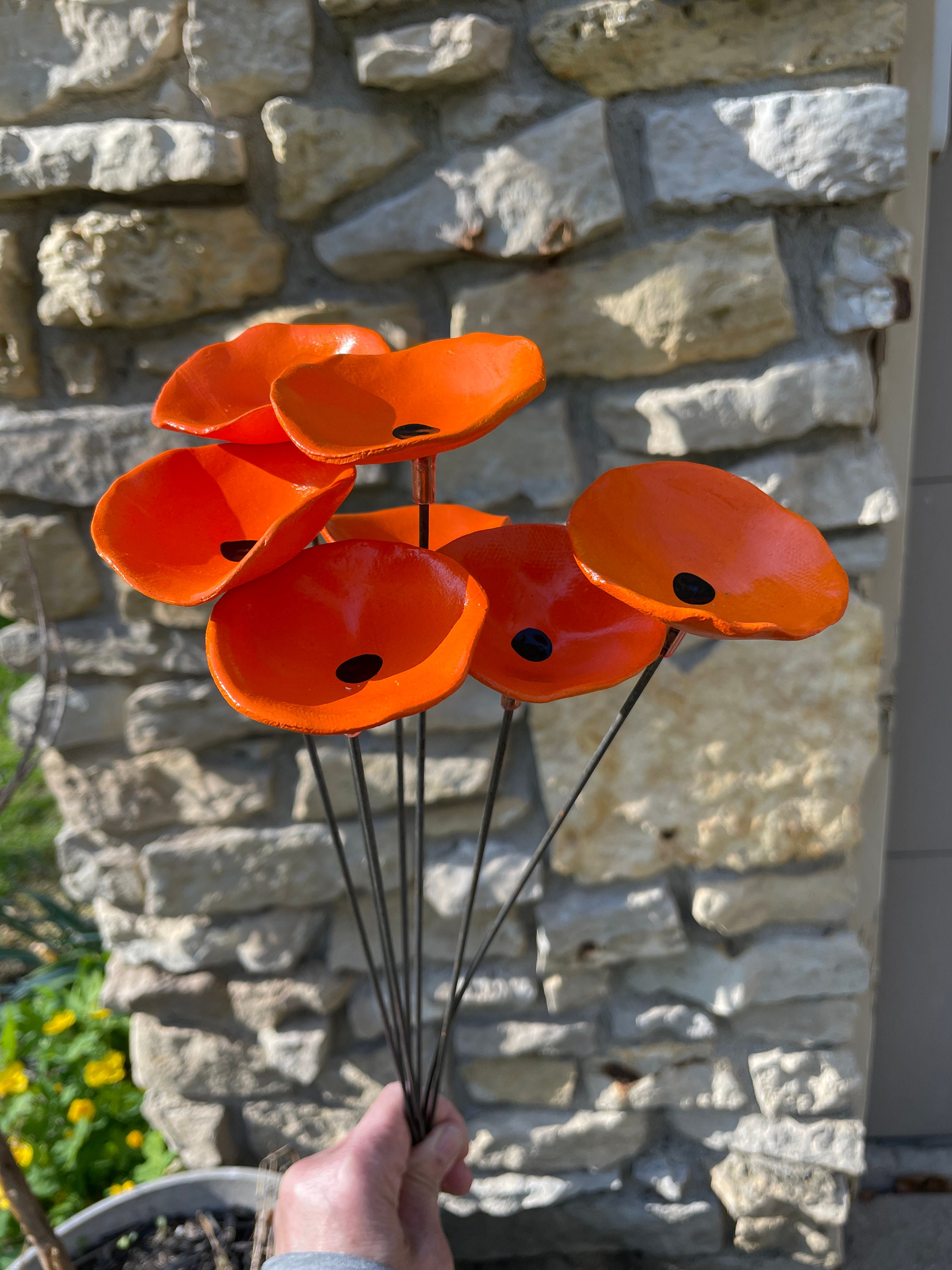 Set of 7 Mini Poppy Flower stakes,Orange Poppy Flower Pot Cluster
