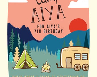 Editable Vintage Camping Birthday Invitation | Camp-Themed Birthday Party Invite | Canva Template