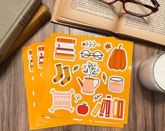 Cozy Fall Sticker Sheet | Autumn Book Nerd Sticker Sheet | Halloween Planner Bullet Journal Scrapbook Pumpkin Stickers