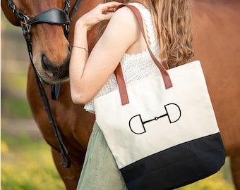 Equestrian Tote Bag with Snaffle Bit | Horse Lover Gift | Canvas Shoulder Bag with Faux Leather Straps | Barn Gear | Horse Show Bag