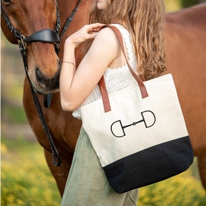 Equestrian Tote Bag with Snaffle Bit | Horse Lover Gift | Canvas Shoulder Bag with Faux Leather Straps | Barn Gear | Horse Show Bag bild 1