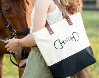 Monogram Equestrian Canvas Tote Bag | Faux Leather Straps