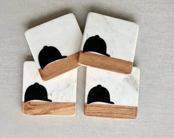 Marble and Wood Equestrian Coaster Set - 4" Square Natural Stone & Wood - Set of 4 Horse Helmet Coasters - Equestrian Home Decor G