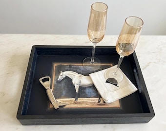 Ottoman Tray | Wooden Tray | Horse Serving Tray | Grey Horse | Black Rectangle Tray |  Wooden Serving Tray | Barn Décor | Tack Room
