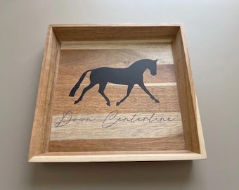 Acacia Wood Equestrian Trinket Tray - "Down Centerline" Dressage Catch-all - 10.5" Square Horse Show Accessory Tray - Luxury Gift for Horse