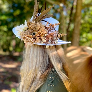Fall Fedora Straw Style Hat with Fall Florals Leather Boho Style Wedding Hat Bride Hat Autumn Fall Flowers Tan Cream Feathers Womens Hat