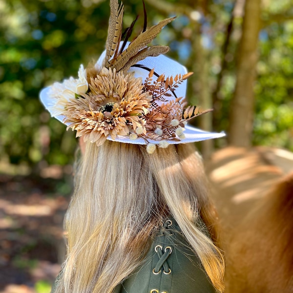 Fall Fedora Straw Style Hat with Fall Florals Leather Boho Style Wedding Hat Bride Hat Autumn Fall Flowers Tan Cream Feathers Womens Hat