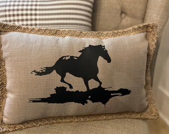 Horse Pillow Cover | Equestrian Throw Pillow | Farmhouse Cushion Cover W/ Horse Print | Burlap Trim | Rustic Decor | Gift for Horse Lovers